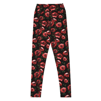 High-waisted Enchanted Rose Leggings with roses and thorny stems, alternative fashion leggings