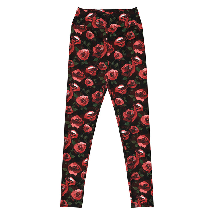 High-waisted Enchanted Rose Leggings with rose blossoms and doily hearts, goth gym leggings