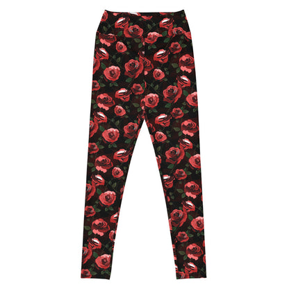 High-waisted Enchanted Rose Leggings with rose blossoms and doily hearts, goth gym leggings