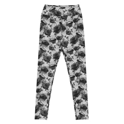 Black High-waisted Enchanted Rose Leggings with gray roses and thorns, goth activewear