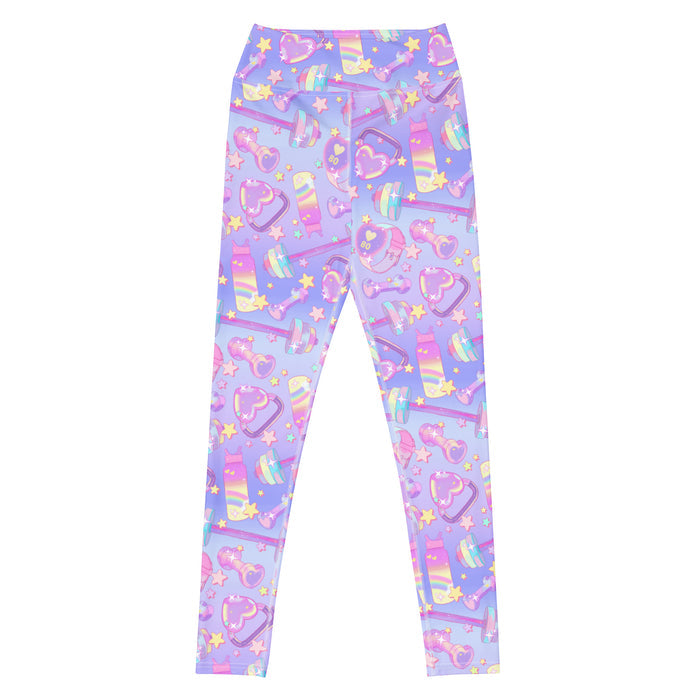 Glitter Gains kawaii high-waisted leggings with holographic barbells and heart-faced fitness watches