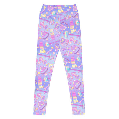 Glitter Gains kawaii high-waisted leggings with holographic barbells and heart-faced fitness watches