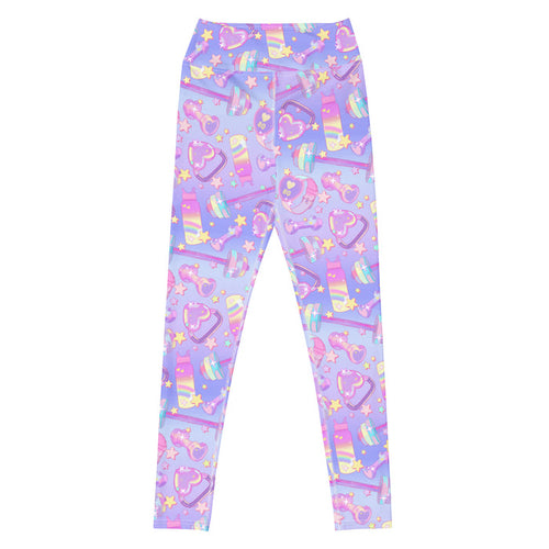 Glitter Gains kawaii high-waisted leggings with holographic barbells and heart-faced fitness watches