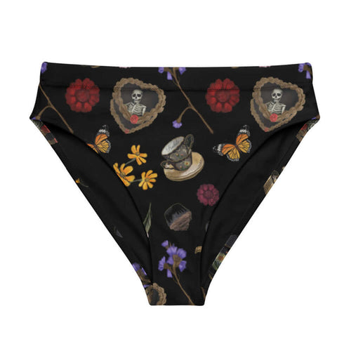 Gothic Tea Time high-waisted bikini bottom in black with a rose-clutching skeleton and white daisies, gothic activewear