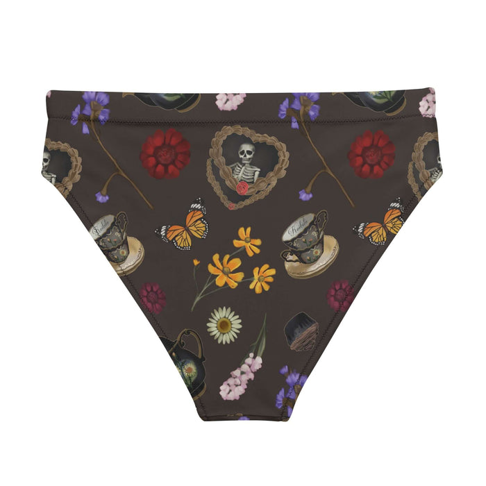 Gothic Tea Time high-waisted bikini bottom in black with gilded teacups and purple irises, gothic activewear