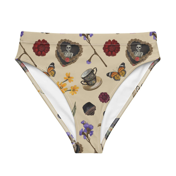 Gothic Tea Time high-waisted bikini bottom in black with pale butterflies and pink snapdragons, gothic activewear