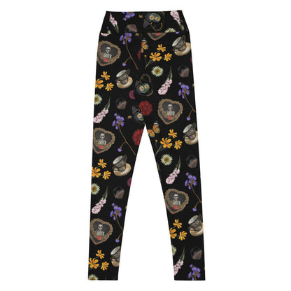 Gothic Tea Time high-waisted leggings in black with stacked vintage teacups and monarch butterflies, pastel goth fashion