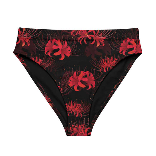 Higanbana gothic high-waisted bikini bottom in red with red spider lilies on black