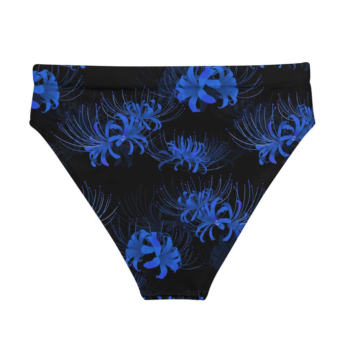 Higanbana gothic high-waisted bikini bottom in blue with blue spider lily blooms on black