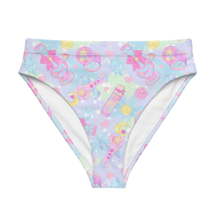 Indica Magica kawaii high-waisted bikini bottom in pastel with holographic bongs and cannabis leaves