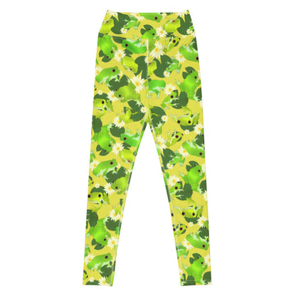 Kero-kero kawaii high-waisted leggings in green with plump green frogs and golden lily centers