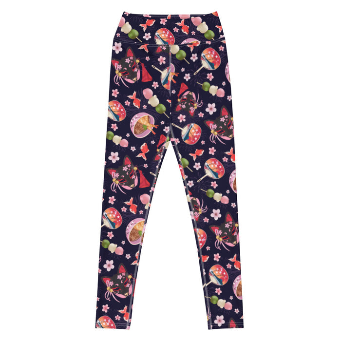 High-waisted Matsuri kawaii leggings with black kitsune masks and red goldfish