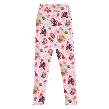 High-waisted Matsuri kawaii leggings with faint fireworks and kitsune masks
