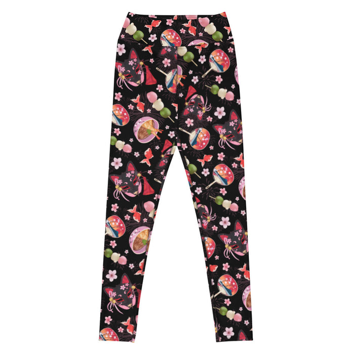 High-waisted Matsuri kawaii leggings with red goldfish and cherry blossoms