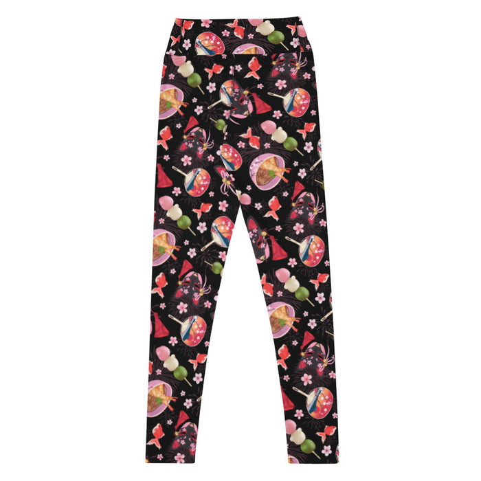 High-waisted Matsuri kawaii leggings with paper fans and hanami dango