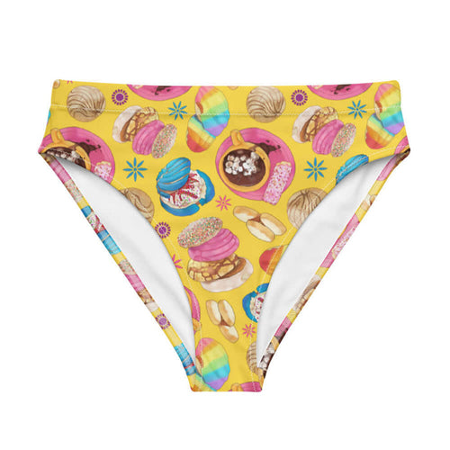 Pan Dulce kawaii high-waisted bikini bottom in yellow with cocoa swirls and golden conchas