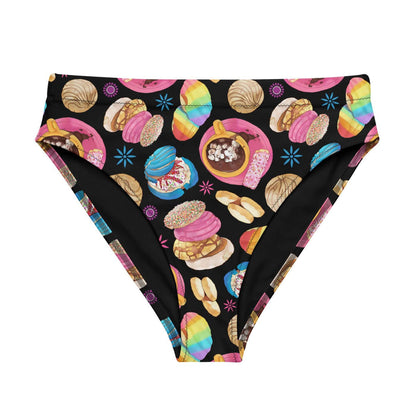 Pan Dulce kawaii high-waisted bikini bottom in yellow with pink conchas and marshmallow hot chocolate