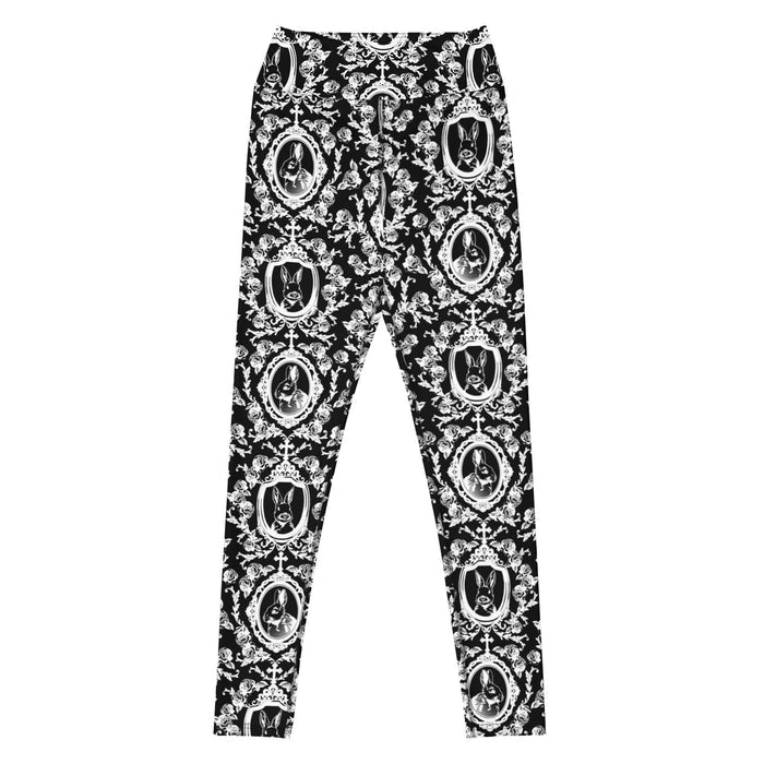 Queen's Beloved Bunny gothic high-waisted leggings in white with velvet bunnies and climbing roses, front view
