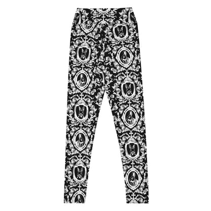 Queen's Beloved Bunny gothic high-waisted leggings in white with lace cameo frames and gothic crosses, back view