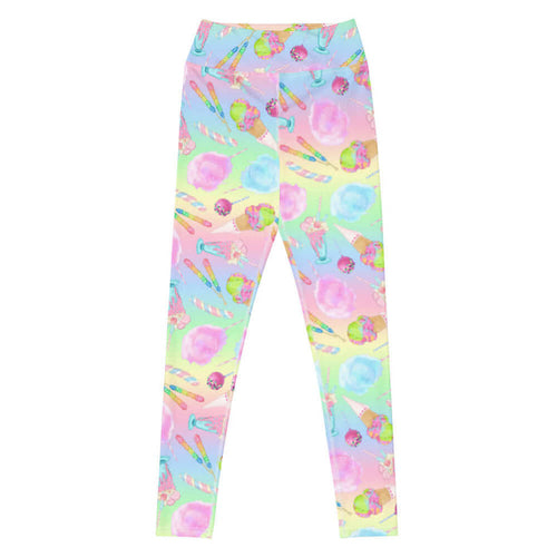 Rainbow Candy kawaii high-waisted leggings in pastel rainbow with whipped parfaits and rock candy sticks