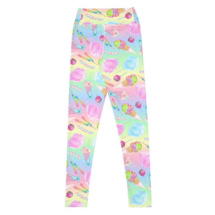 Rainbow Candy kawaii high-waisted leggings in pastel rainbow with cotton candy clouds and pastel macarons