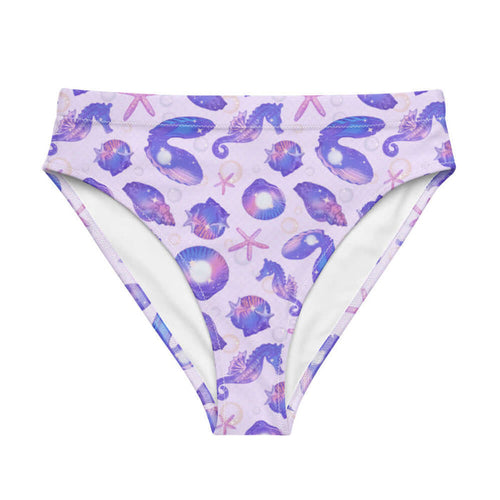 Sea Princess kawaii high-waisted bikini bottom in purple with sea stars and scallop shells