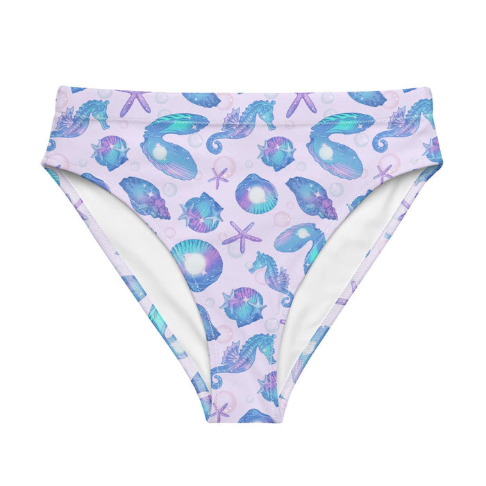Sea Princess kawaii high-waisted bikini bottom with seahorses and conch shells in pastel blue, pink and purple