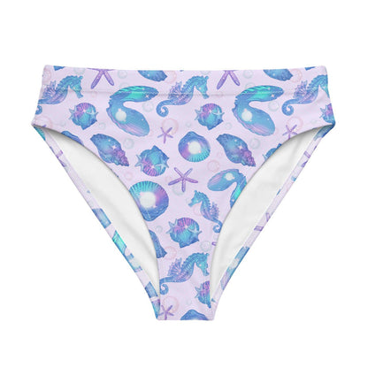 Sea Princess kawaii high-waisted bikini bottom with seahorses and conch shells in pastel blue, pink and purple
