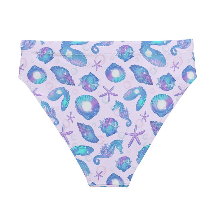 Sea Princess kawaii high-waisted bikini bottom with scallop shells and oyster shells in pastel blue, pink and purple