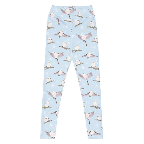 Snow Bird kawaii high-waisted leggings in soft pastels with fluffy enaga birds and snowflakes