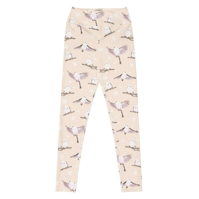 Snow Bird kawaii high-waisted leggings in soft pastels with perched birds and snowy branches