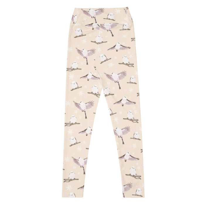 Snow Bird kawaii high-waisted leggings in soft pastels with mid-flight birds and falling snow