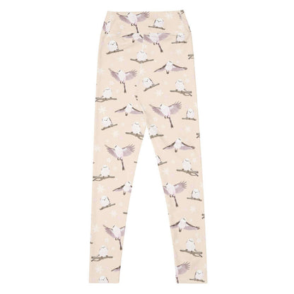 Snow Bird kawaii high-waisted leggings in soft pastels with mid-flight birds and falling snow