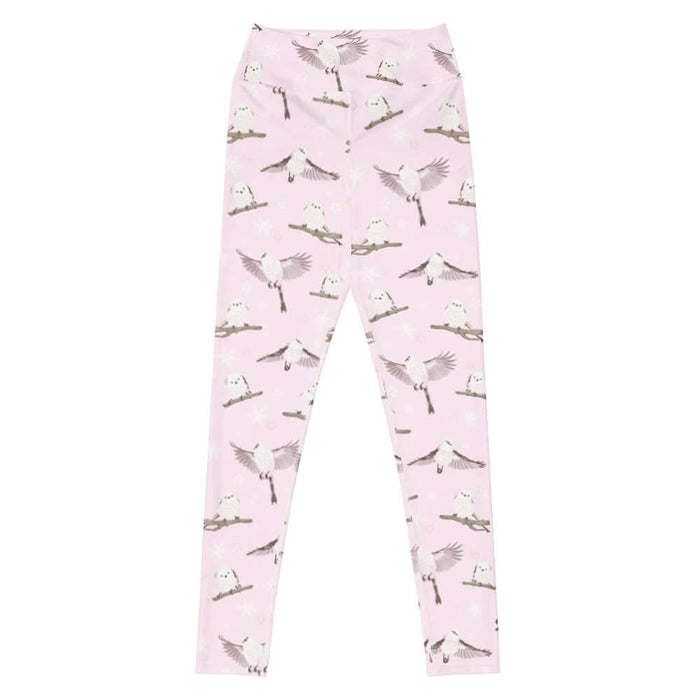 Snow Bird kawaii high-waisted leggings in soft pastels with snow-dusted twigs and sakura petals