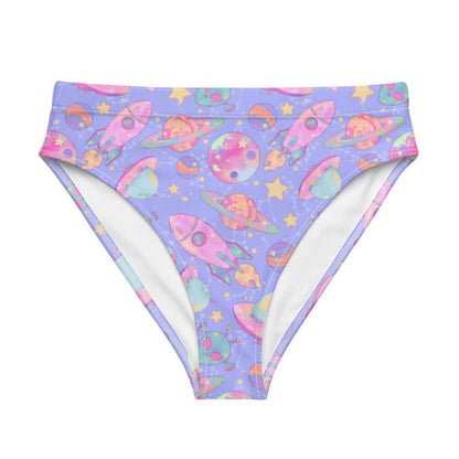 Space kawaii high-waisted bikini bottom in lavender with pink rockets and ringed Saturns