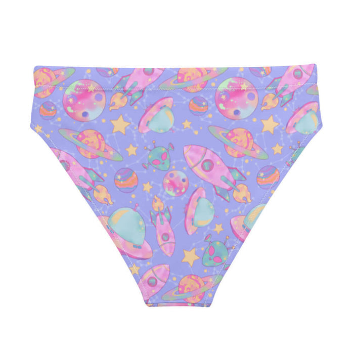 Space kawaii high-waisted bikini bottom in lavender with mint flying saucers and cream stars
