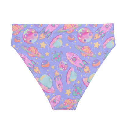 Space kawaii high-waisted bikini bottom in lavender with mint flying saucers and cream stars