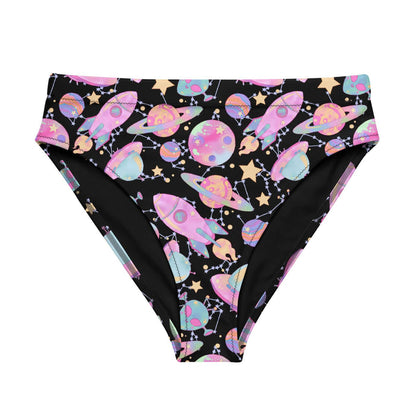 Space kawaii high-waisted bikini bottom in lavender with rainbow-swirled planets and glowing orbs