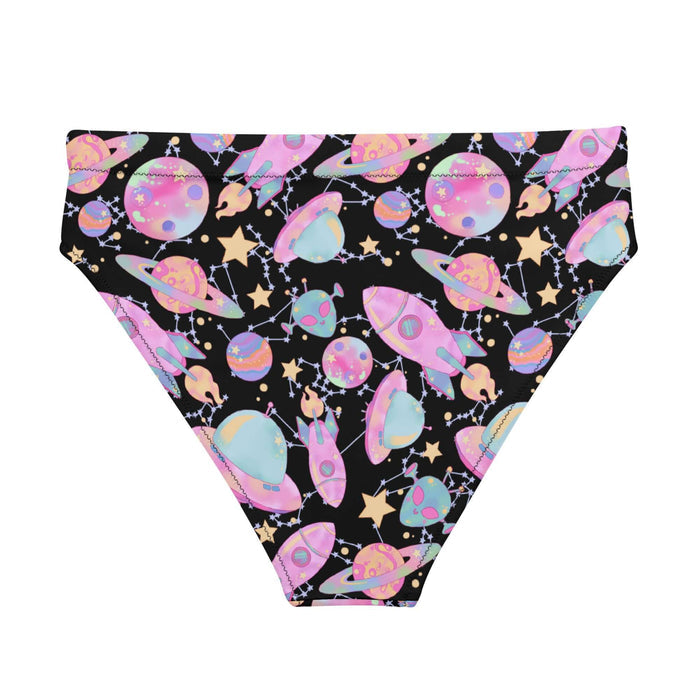 Space kawaii high-waisted bikini bottom in lavender with mint aliens and crescent moons