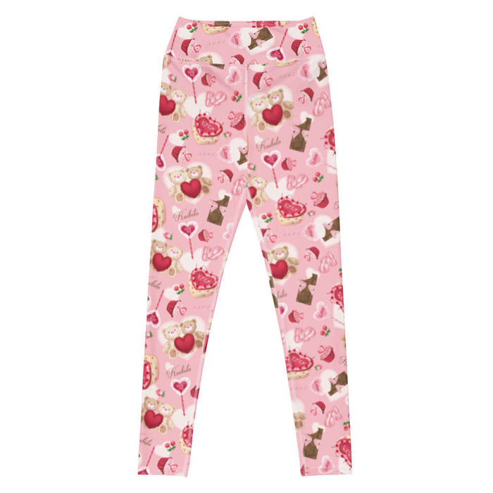 Sugar Sweetheart kawaii high-waisted leggings in pastel pink with hugging teddy bears and XOXO heart cakes
