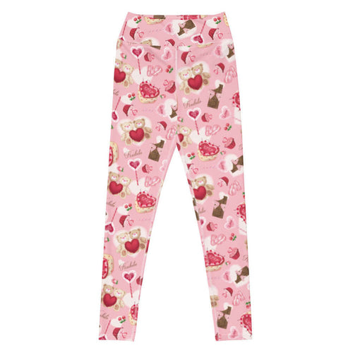 Sugar Sweetheart kawaii high-waisted leggings in pastel pink with hugging teddy bears and XOXO heart cakes