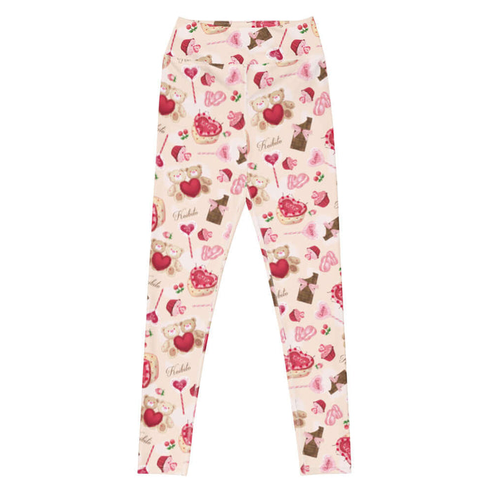 Sugar Sweetheart kawaii high-waisted leggings in pastel pink with heart-shaped macarons and paired cherries