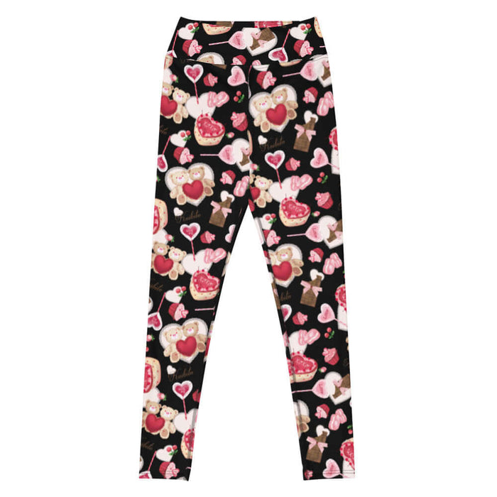 Sugar Sweetheart kawaii high-waisted leggings with cherry-topped cupcakes and hugging teddy bears
