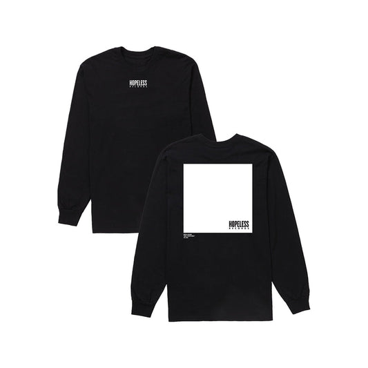 A black 100% cotton long-sleeve by Hopeless Records features HOPELESS in white on the front left chest and a large white rectangle with HOPELESS in black on the back. Exclusive design not available elsewhere.