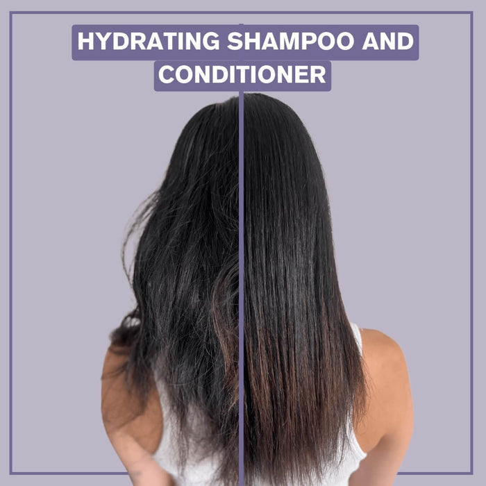 Side by side image showing a person before and after results with the Alcôve Hair Hydrating Shampoo and Conditioner