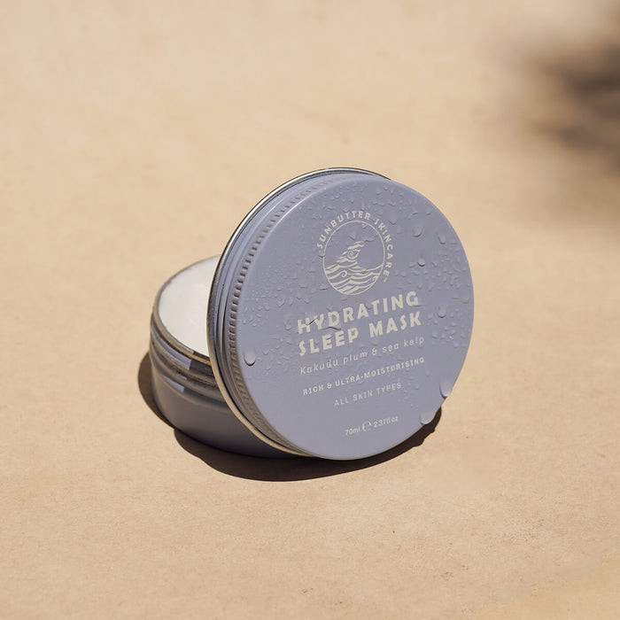 Open tin of hydrating sleep mask with kakadu plum and sea kelp.