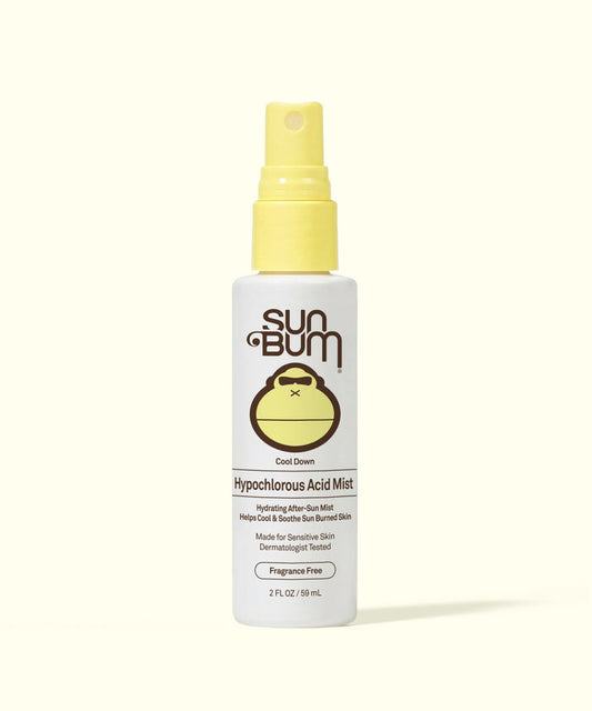 Sun Bum Hypochlorous Acid Mist spray bottle with yellow cap, designed to cool and soothe skin after sun exposure
