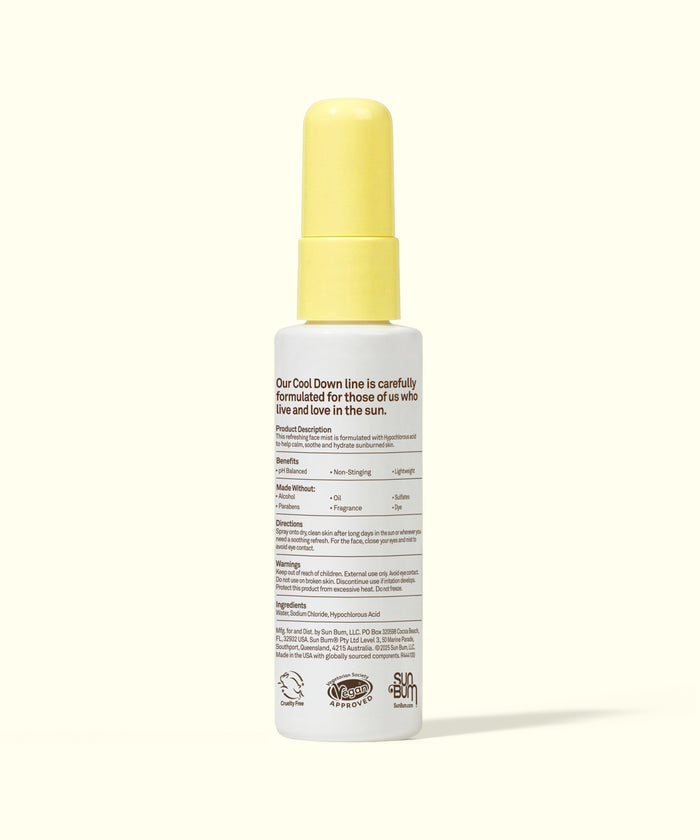 Small white bottle with yellow cap of Sun Bum Hypochlorous Acid Mist showing product details on label