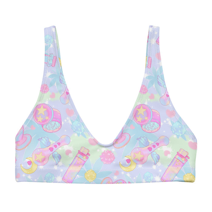 Indica Magica kawaii padded bikini top in pastel with candy-striped joints and crescent moons