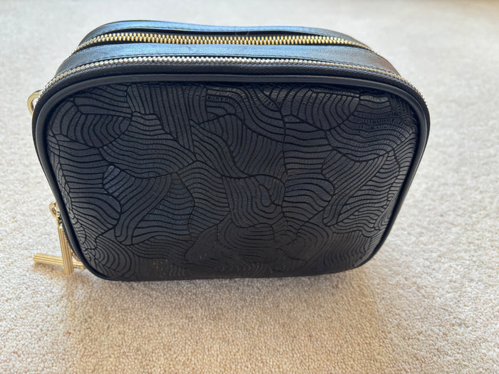 Italian Black Leather Patterned Camera Shoulder Bag